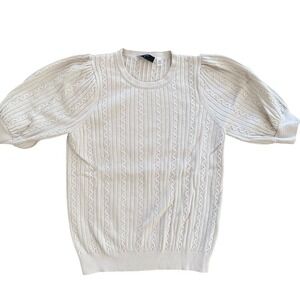Elie Tahari Elegant Puff Short Sleeve Soft Cream Cable Knit‎ Sweater Medium EUC